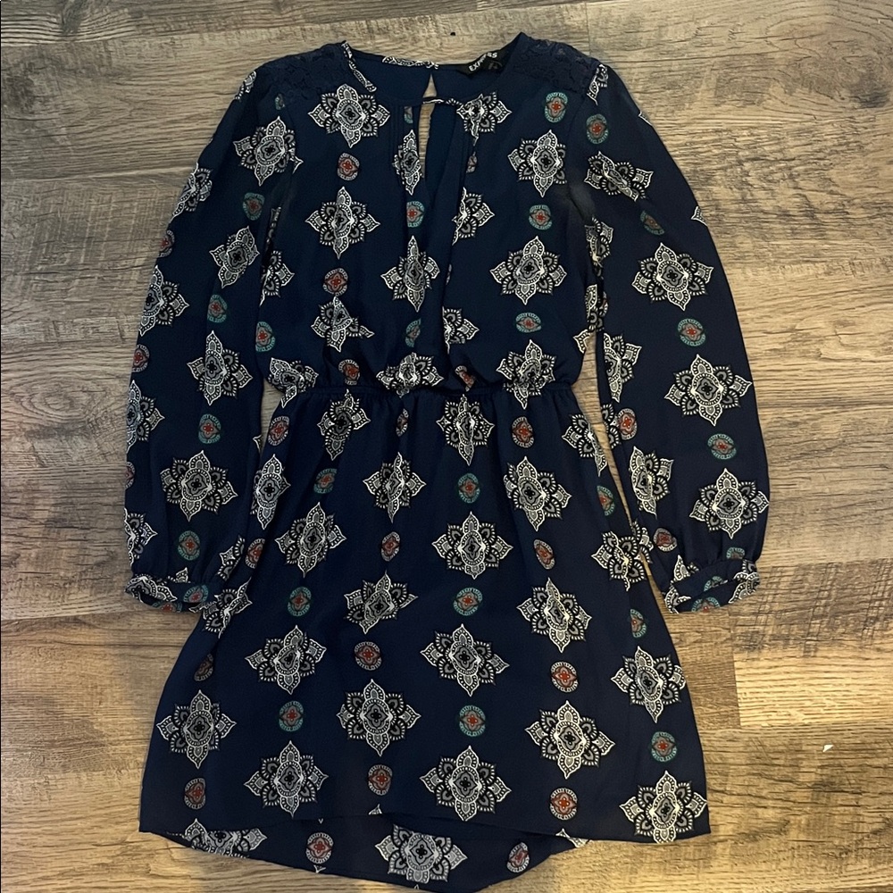 Express Navy and White Patterned Dress